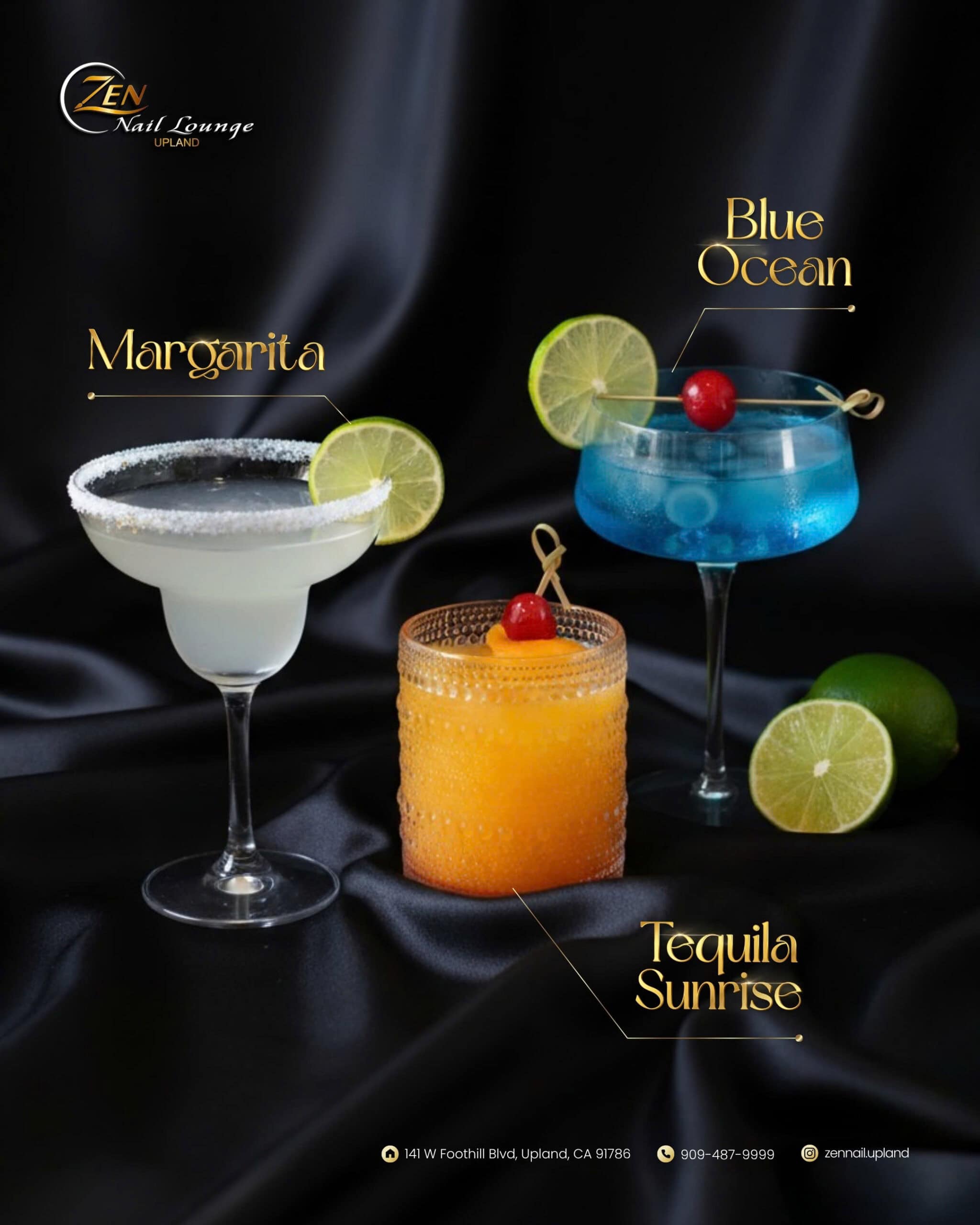Delicious cocktails including Margarita, Blue Ocean, and Tequila Sunrise served at LeVon Nail Lounge U.