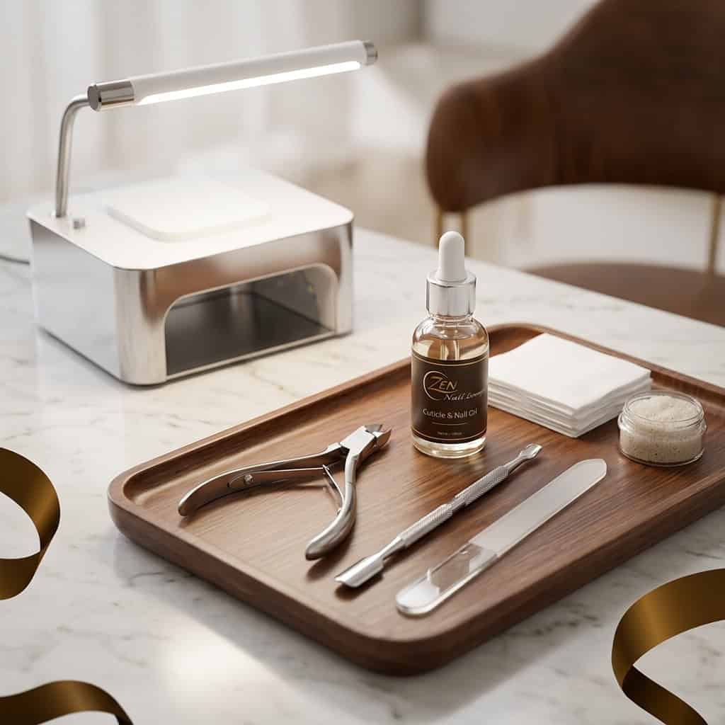 A clean, minimalist setup for a professional nail care routine at home showing tools and cuticle oil.